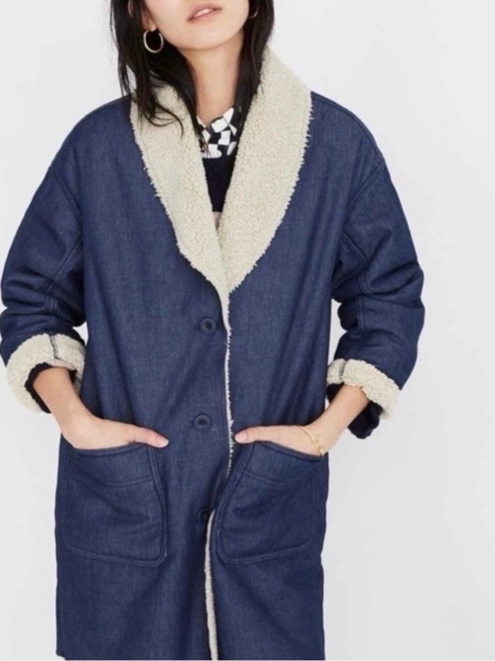 Madewell Navy Denim Trench with Cream Sherpa Trim